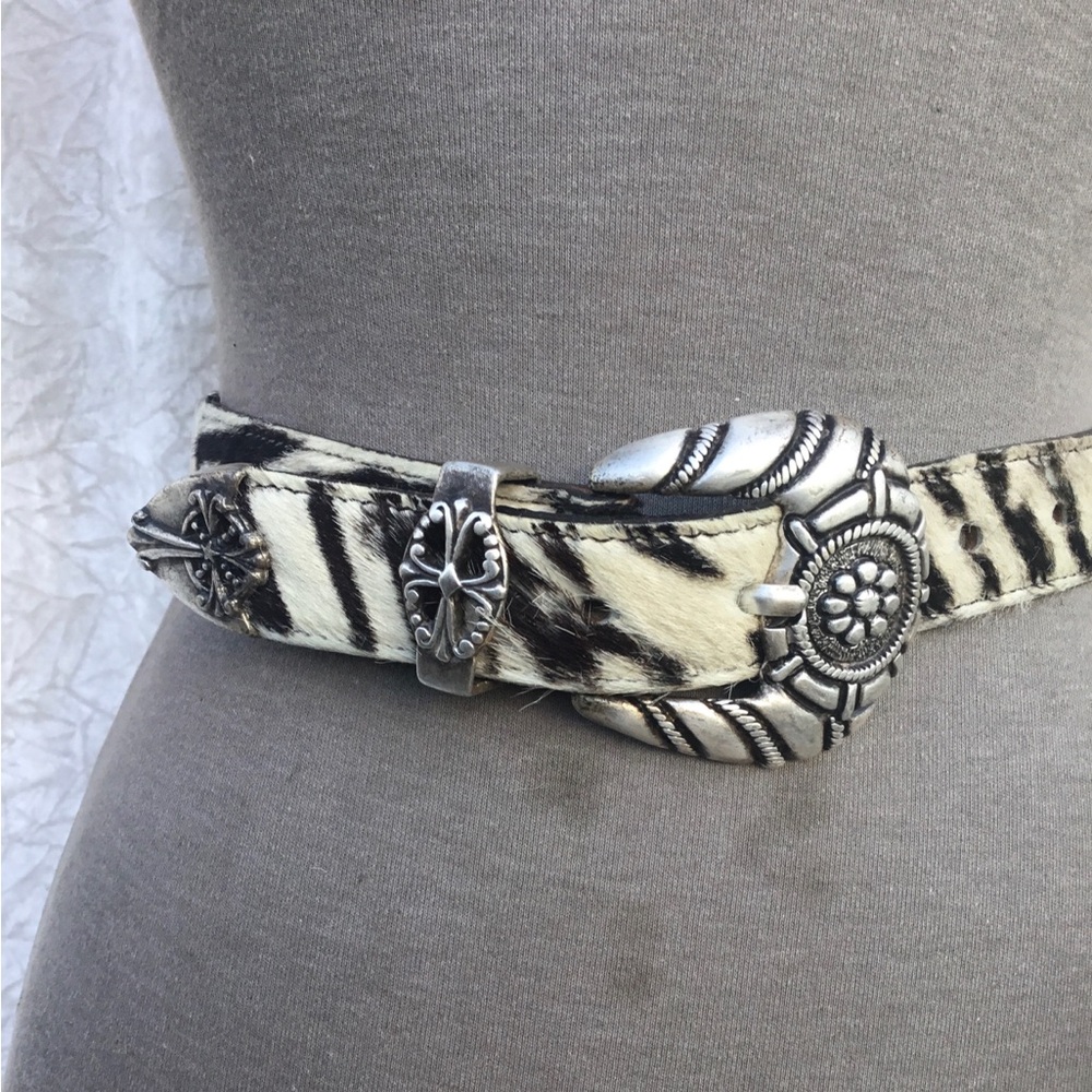 Streets Ahead Zebra Haircalf Western Belt • Silver Engraved Buckle